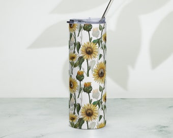 Sunflower Tumbler | Skinny Stainless Steel Tumbler with Sunflowers | Yellow Sunflower Lover Gift | Nature Tumbler | Pink Sunflowers