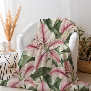 Pink Lily Blanket | Lily Throw Blanket | Lily Lover Gift | Floral Throw Blanket for Cottage | Cute Blanket with Flowers |  Botanical Blanket