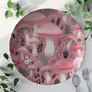 Pink Mushroom Plate Set |  Home Gift for Mushroom Lovers | Mushroom Decor for Dining Room |  Cute Mushroom Dinner Plate | Nature Dinnerware