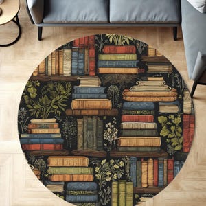 Books and Plants Round Rug | Book Themed Area Rug | Cozy Reading Nook Rug | Book Lover Home Decor Gift | Bookworm Gift | Bookish Decor