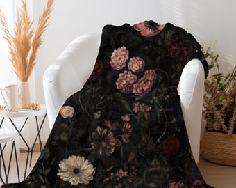 Cozy Dark Floral Blanket | Moody Botanical Pink Flowers Throw Blanket Home Decor | Dark Vintage Fall Sofa Blanket with Flowers