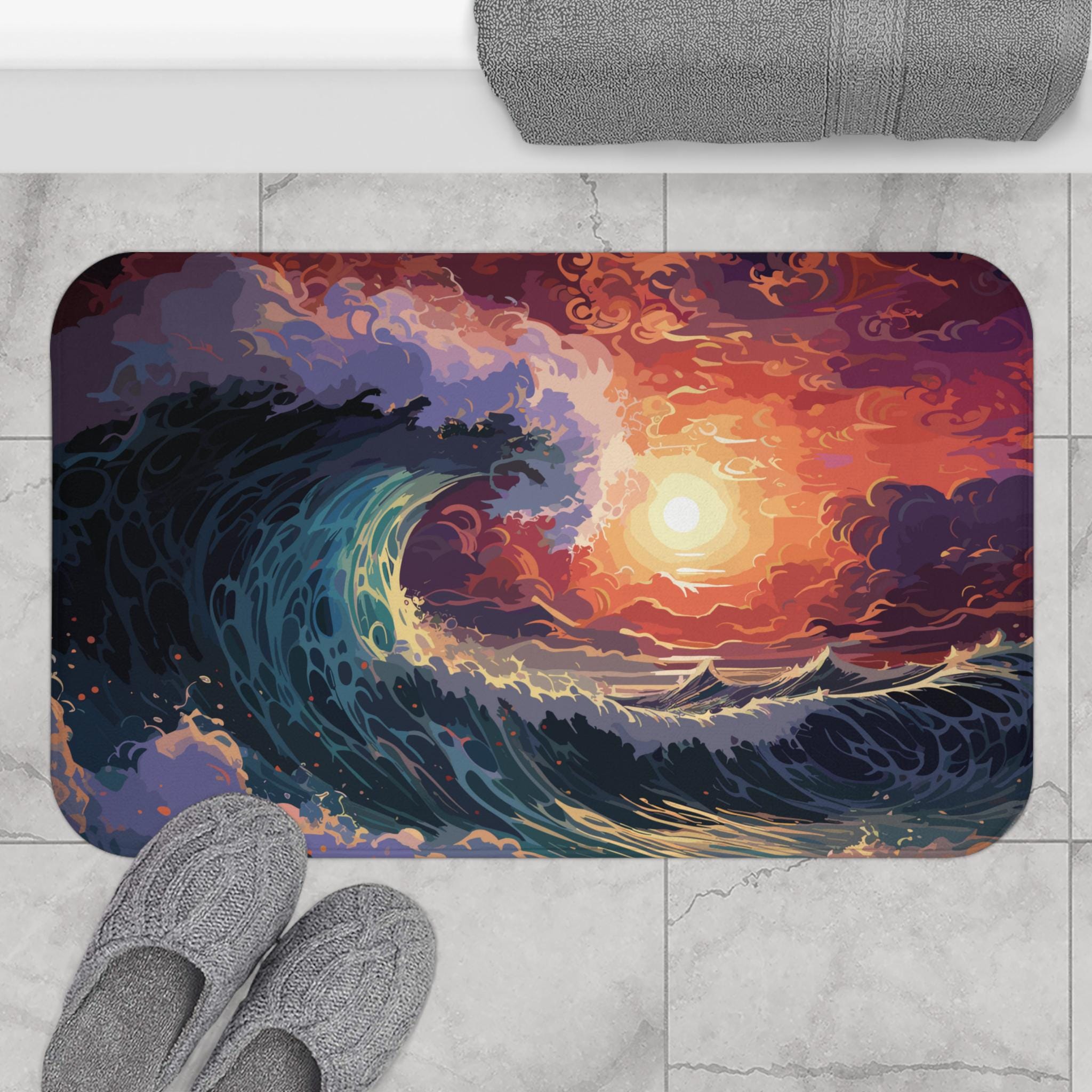 Alfombra De Baño Con Olas Del Océano Y Puesta De Sol / Decoración
