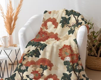 Oriental Blanket | Traditional Asian Floral Throw | Japanese Inspired Throw Blanket | Botanical Pattern Blanket | Nature Themed Home Decor