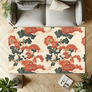 Japanese Floral Area Rug | Vintage Chrysanthemum Oriental Living Room Rug | Nature Themed Area Rug | Flower Lover Boho Botanical Kitchen Rug