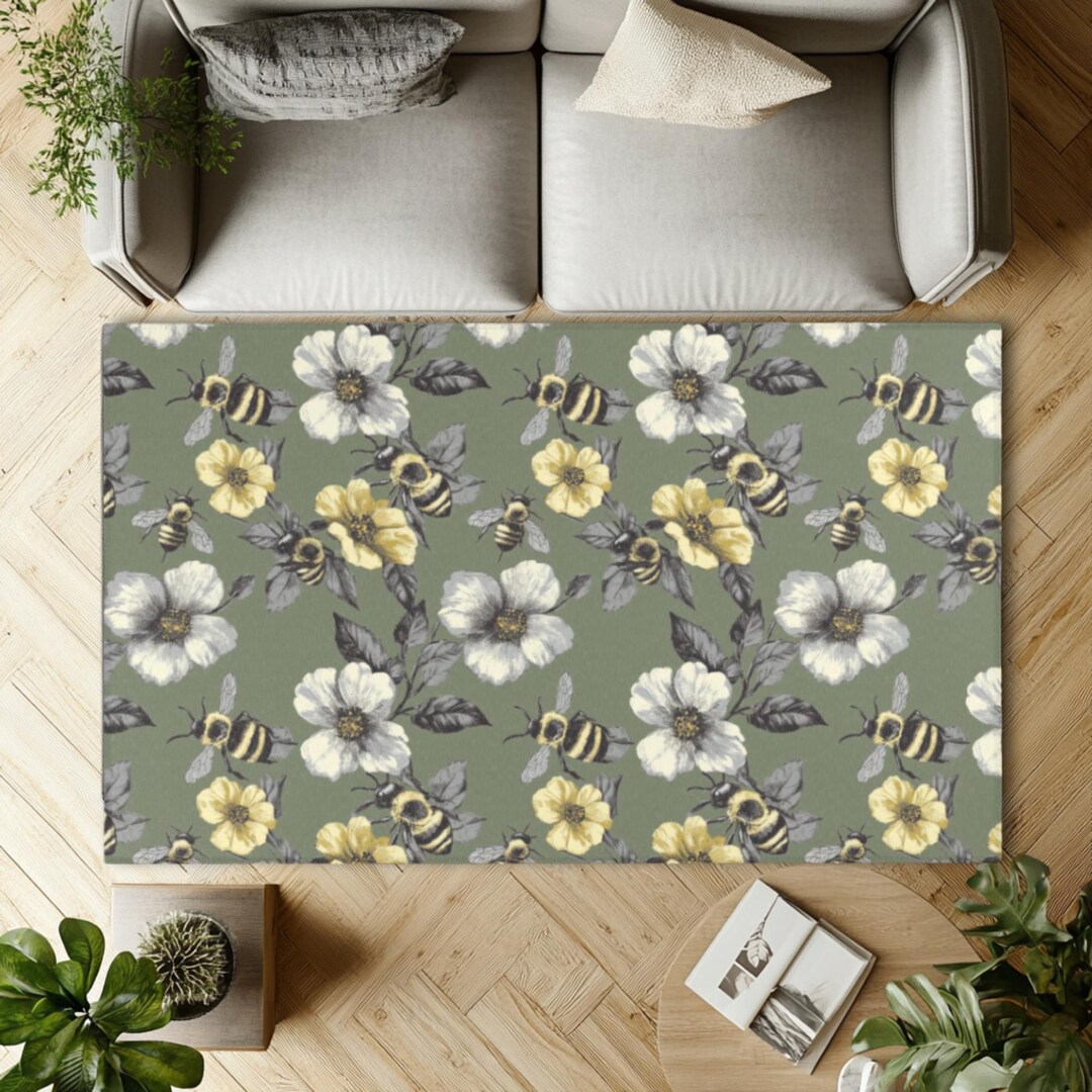 Floral Bee Themed Living Room Mat | Honeybee Bedroom Rug | Bee Lover ...