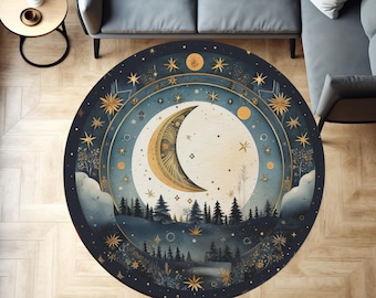 May include: A round rug with a dark blue background and a gold crescent moon design. The moon is surrounded by stars and a forest scene. The rug has a whimsical and celestial theme.