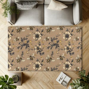 Floral Honeybee Area Rug | Bee Themed Living Room Mat | Bee Lover Home Decor | Nature Themed Rug | Spring Floral Accent Rug | Bee Gift