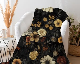 Dark Floral Velveteen Microfiber Blanket | Cozy Fall Throw Home Decor | Autumn Themed Decor Sofa Blanket