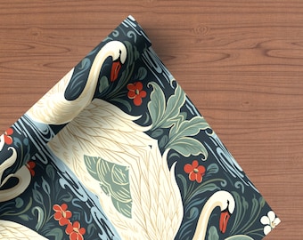 Art Nouveau Swan Pattern Gift Wrap Paper | Swan in a Pond Gift Wrapping Paper | Swan Lover Present Paper | Floral Swan Print Wrapping Paper