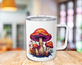 Taza de viaje personalizada con forma de hongo y asa / Taza térmica para amantes de los hongos / Taza de café con forma de hongo mágico / Taza con temática natural