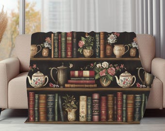 Teapot and Books Blanket | Book Lover Gift | Library Couch Throw | Reader Blanket | Cozy Blanket Gift | Woven Book Blanket | Book Tapestry