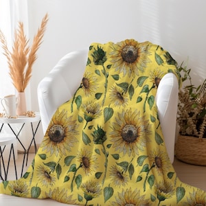 Yellow Sunflower and Leaves Blanket | | Sherpa Blanket for Sunflower Lovers | Nature Blanket | Sunflower Baby Blanket | Sunflower Decor