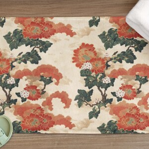 Oriental Bath Mat | Japanese Floral Shower Mat | Vintage Chrysanthemum Flower Rug | Nature Themed Mat | Flower Lover Botanical Home Decor