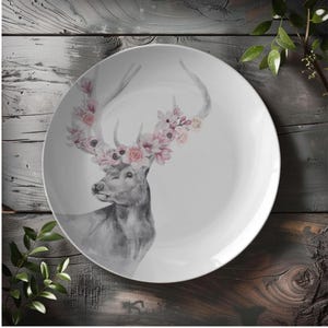 Floral Deer Plate | Watercolor Woodland Animal Dinnerware | Forest Themed Table Decor | Deer Lover Plate Set | Deer Kitchen Decor