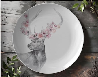 Floral Deer Plate | Watercolor Woodland Animal Dinnerware | Forest Themed Table Decor | Deer Lover Plate Set | Deer Kitchen Decor