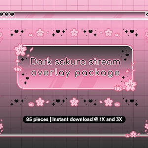 Peut inclure: Ensemble de superposition numérique rose et noir sur le thème du sakura sombre. Le design présente un cadre rectangulaire avec des accents de fleurs de cerisier, des cœurs et des étoiles. Le texte indique "Dark sakura stream overlay package".