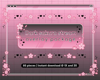 Dark Sakura Stream Package | Pink Floral Overlays, Alerts, Panels (Digital Download)