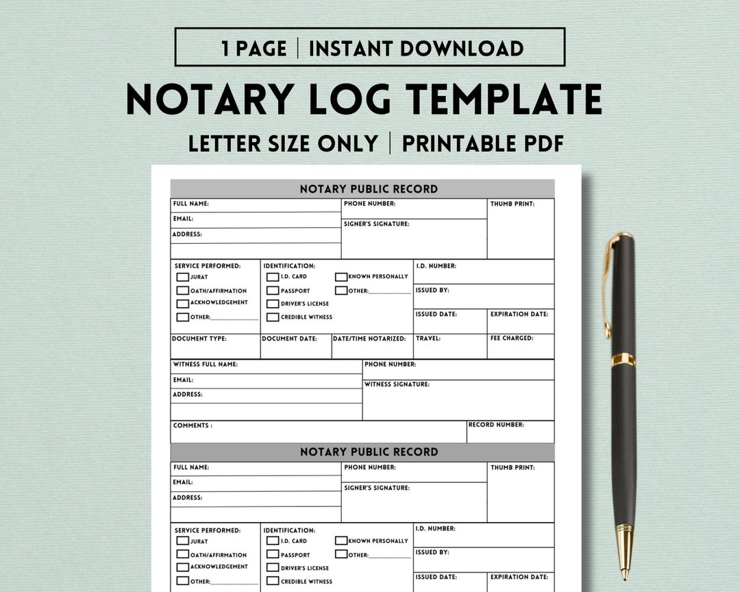 Printable Notary Log Notary Public Record Notary Journal Etsy
