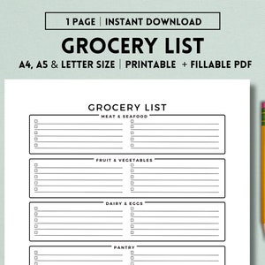 Grocery List Printable, Weekly Grocery List, Monthly Grocery List, Shopping List, Food Shopping List, Grocery Store Planner, Download, PDF