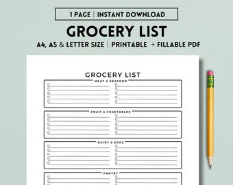 Grocery List Printable, Weekly Grocery List, Monthly Grocery List, Shopping List, Food Shopping List, Grocery Store Planner, Download, PDF