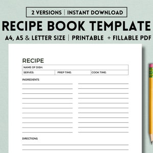Könnte beinhalten: Druckbare Rezeptbuchvorlage in den Formaten A4, A5 und Letter. Die Vorlage enthält Abschnitte für den Namen des Gerichts, die Portionen, die Vorbereitungszeit, die Garzeit, die Zutaten und die Anweisungen.