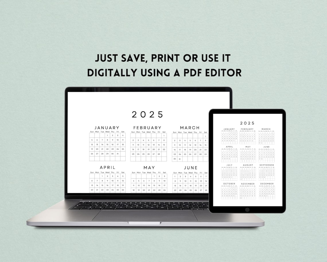 2025 Yearly Calendar One Sheet Printable, Year at a Glance, 2025 Desk