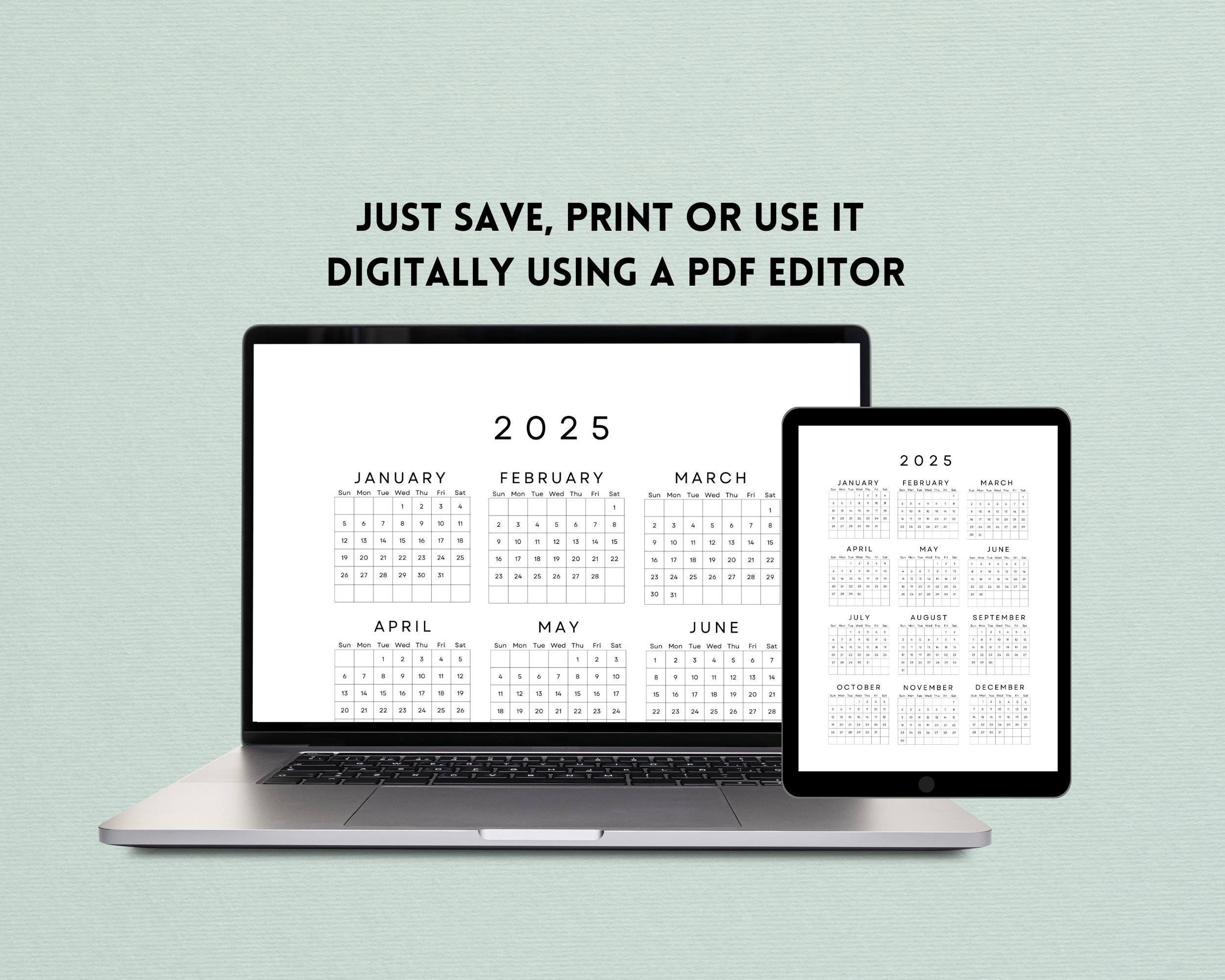 2025 Yearly Calendar One Sheet Printable, Year at a Glance, 2025 Desk