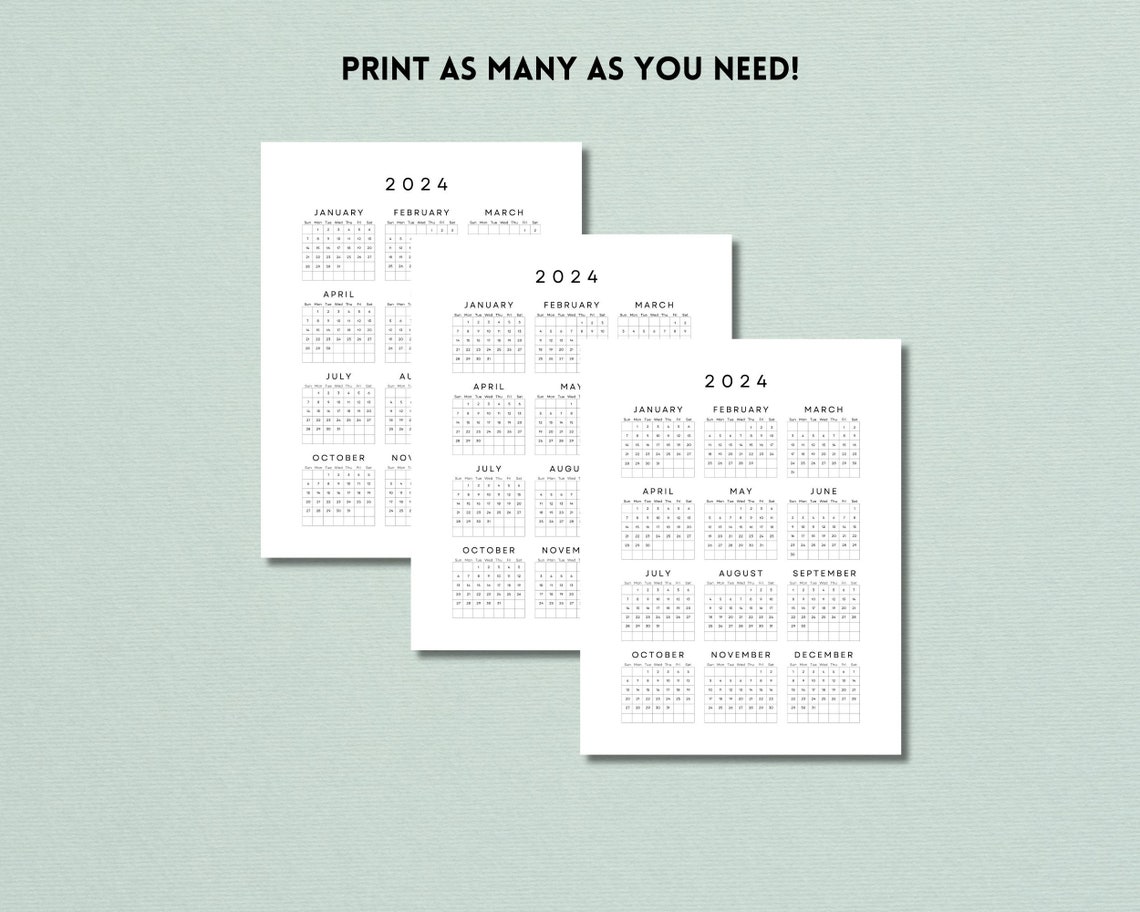 2024 Yearly Calendar One Sheet Printable, New Year Calendar, Year at a ...