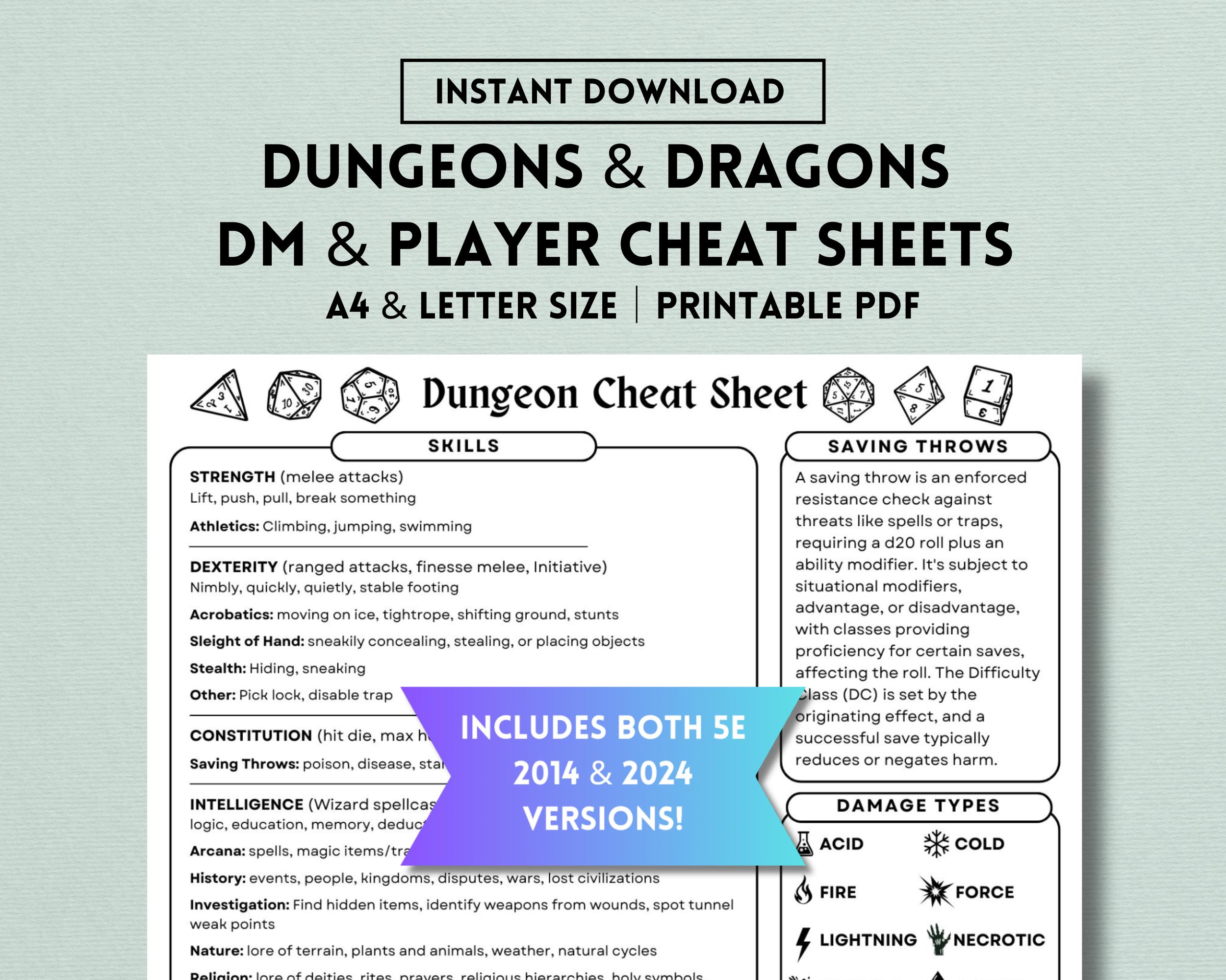 DnD Cheat Sheet, 5e, 2024, 2014, Quick Reference Guide, DM Cheat Sheet, DnD Player Guide, D&D Cheat Sheet, Dungeon Master, Digital PDF