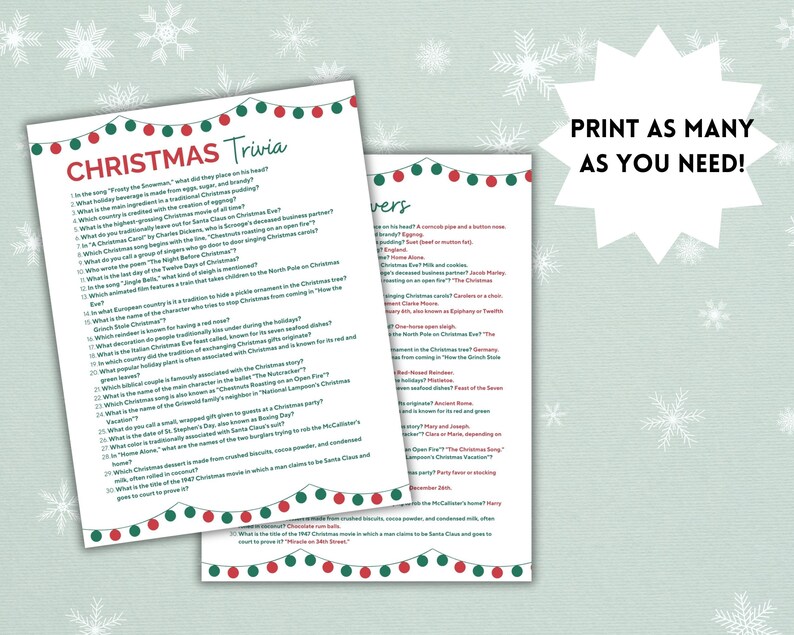 Christmas Trivia Printable, Holiday Trivia Game, Printable Christmas ...