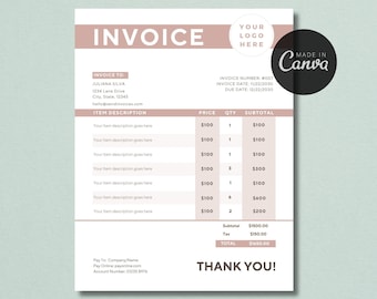Modèle de facture de boulangerie, facture imprimable, facture rose, facture modifiable, facture Canva, facture entreprise, formulaire de facture pour petite entreprise