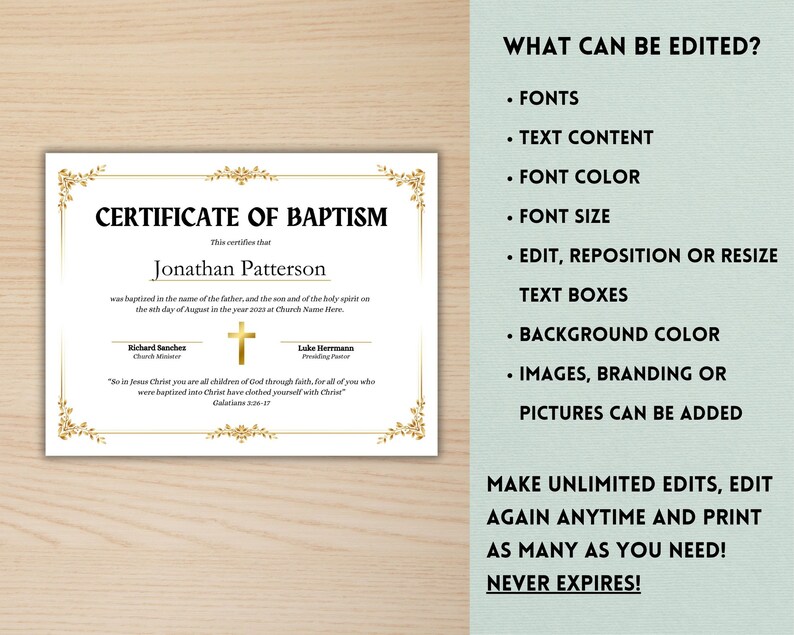 Baptism Certificate Editable Template, Printable Baptism Certificate
