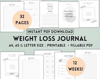 Weight Loss Journal Printable Template, 12 Week Weight Loss Tracker, Fitness Planner, Weight Loss Planner, Meal Planner, Digital PDF
