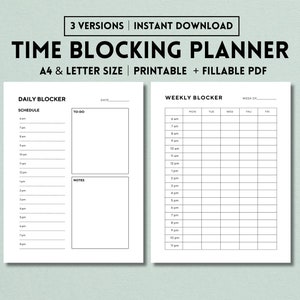 May include: A printable time blocking planner with two pages. The left page is for daily scheduling with sections for schedule, to-do, and notes. The right page is for weekly scheduling with columns for each day of the week. The planner is in black and white.