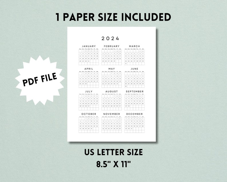 2024 Yearly Calendar One Sheet Printable, New Year Calendar, Year at a ...