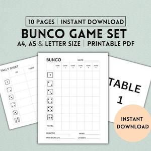 Feuille de pointage Bunco imprimable, cartes de pointage Bunco, fête Bunco, jeux de société imprimable, téléchargement immédiat au format PDF, format A4/A5/Lettre