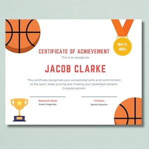 Basketball Certificate Editable, Award Ceremony Certificate, Printable Basketball Awards, Basketball Participation Award, Sports Certificate