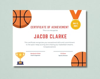 Basketball Certificate Editable, Award Ceremony Certificate, Printable Basketball Awards, Basketball Participation Award, Sports Certificate