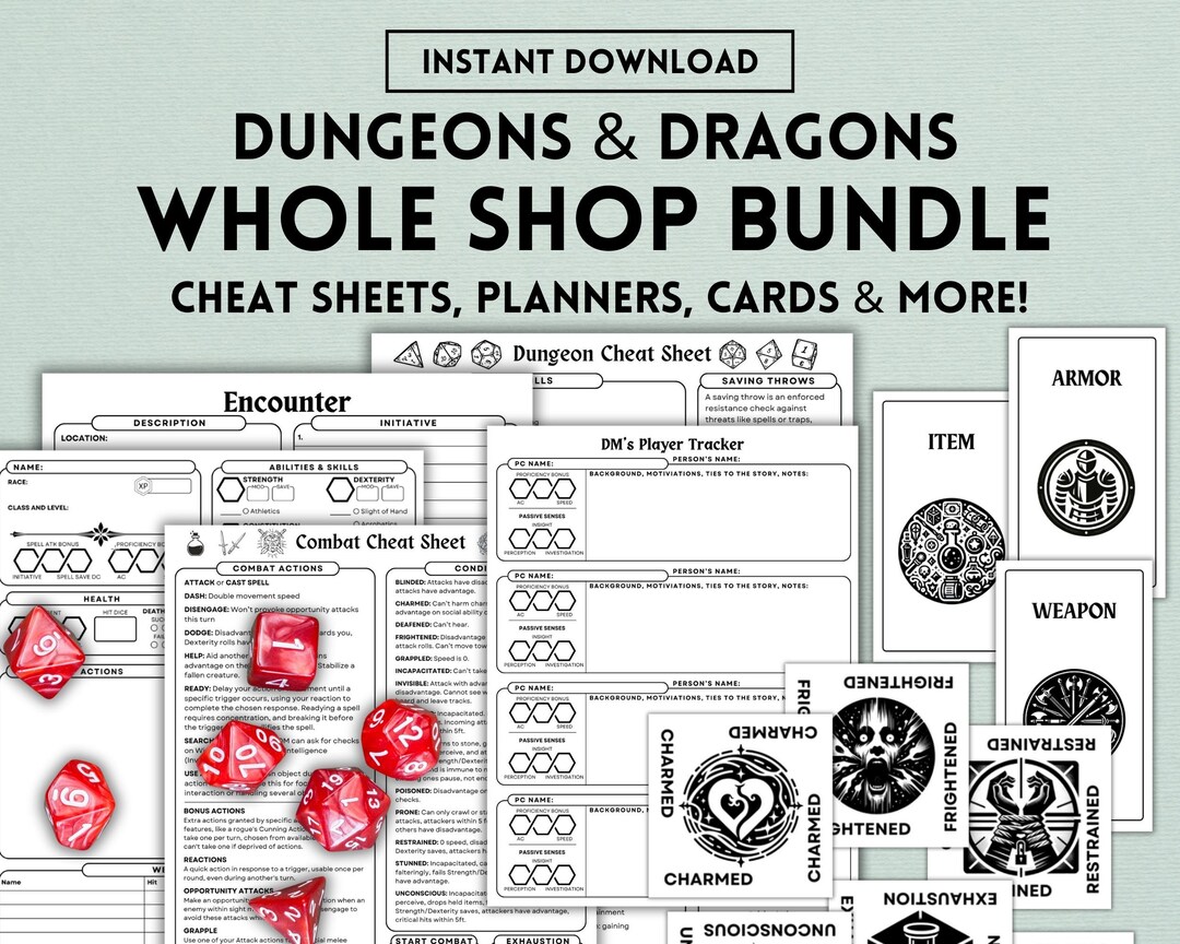 Dnd Whole Shop Bundle, 5e, Dnd Printable, Dnd Cheat Sheet, Dnd Cards ...