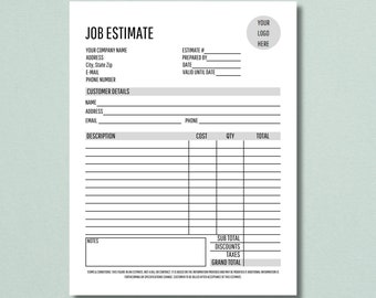 Job Estimate Printable Template, Business Quote Form, Contractor Estimate Template, Job Proposal Template, Business Quote Template