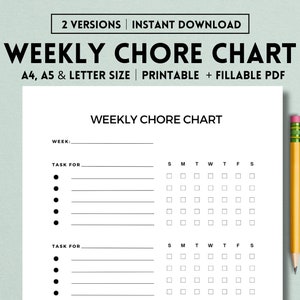 Weekly Chores Chart Printable Template, Kids Chores List, Household Chores List, Daily Chores Checklist, Chores Planner, Housework List PDF