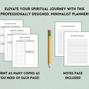 May include: Printable planner pages with a minimalist design. The pages include sections for life reflection, prayer journal, daily prayer, and prayer notes. The text "Print as many copies as you need of each page!" is included in the image.