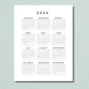 2024 Yearly Calendar One Sheet Printable, New Year Calendar, Year at a ...