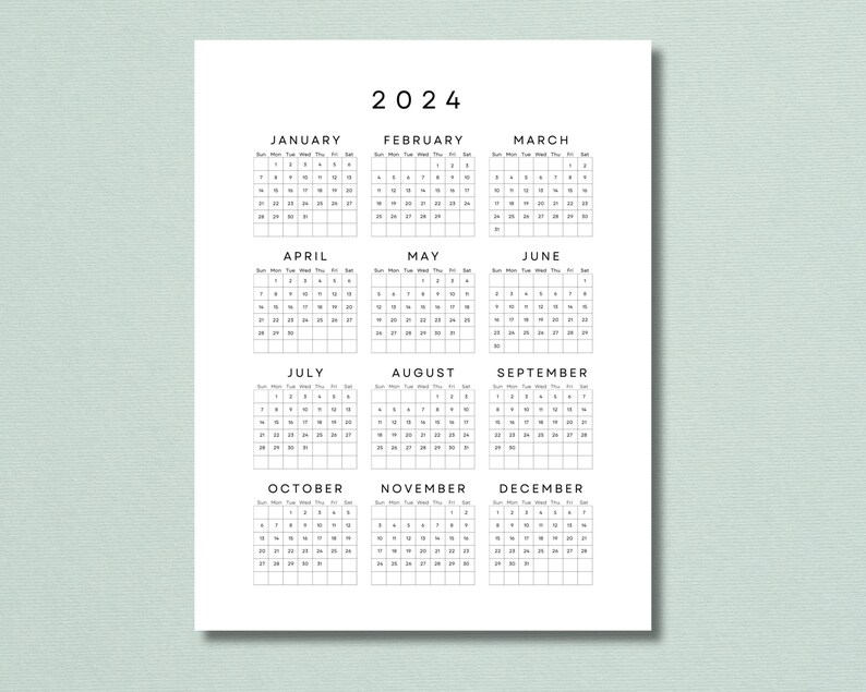 2024 Yearly Calendar One Sheet Printable, New Year Calendar, Year at a ...