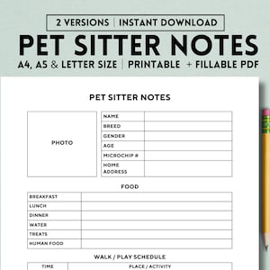 Pet Sitter Notes Printable Template, Pet Sitting Form, Cats, Dogs, Animals, Pet Instruction Checklist, Notes, Dog Walker, Digital PDF