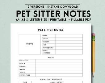 Pet Sitter Notes Printable Template, Pet Sitting Form, Cats, Dogs, Animals, Pet Instruction Checklist, Notes, Dog Walker, Digital PDF