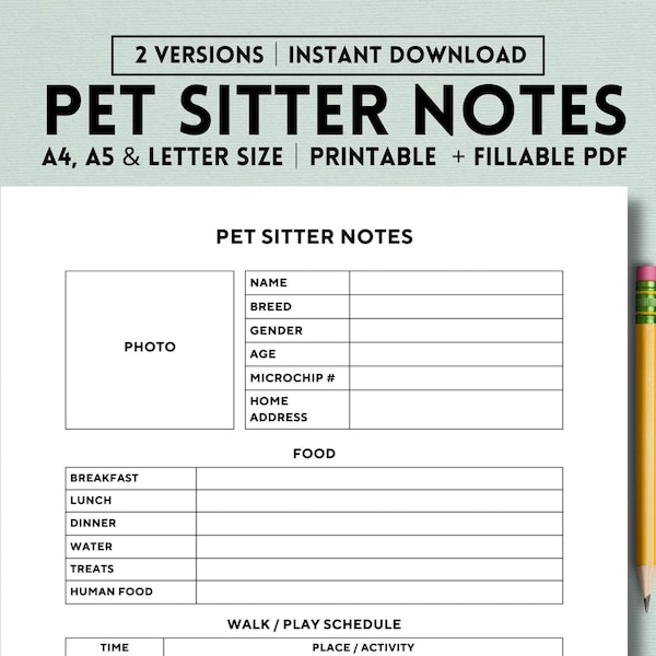 Pet Sitter Notes Printable Template, Pet Sitting Form, Cats, Dogs, Animals, Pet Instruction Checklist, Notes, Dog Walker, Digital PDF