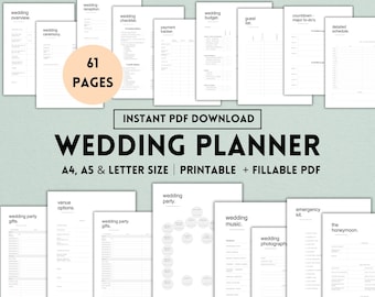 Lista de verificación imprimible para bodas, páginas para el planificador de bodas, paquete de planes de boda, libro de planificación de bodas, planificador de bodas en PDF, A4, A5, carta