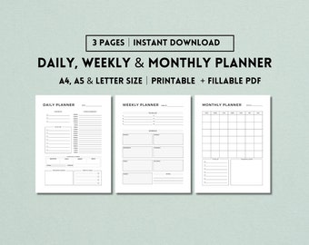 Dagelijkse planner, weekplanner, afdrukbare sjabloon voor maandelijkse planners, plannerset, planner-inserts, plannerbundel, Instant Download PDF