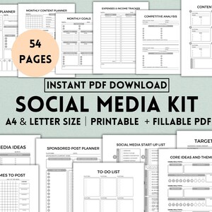 May include: A printable social media kit with 54 pages of templates for planning and tracking your social media strategy. The kit includes pages for daily planning, monthly content planning, monthly goals, expenses and income tracking, competitive analysis, content ideas, social media ideas, sponsored post planner, social media start-up list, best times to post, to-do list, target audience, and core ideas and themes.